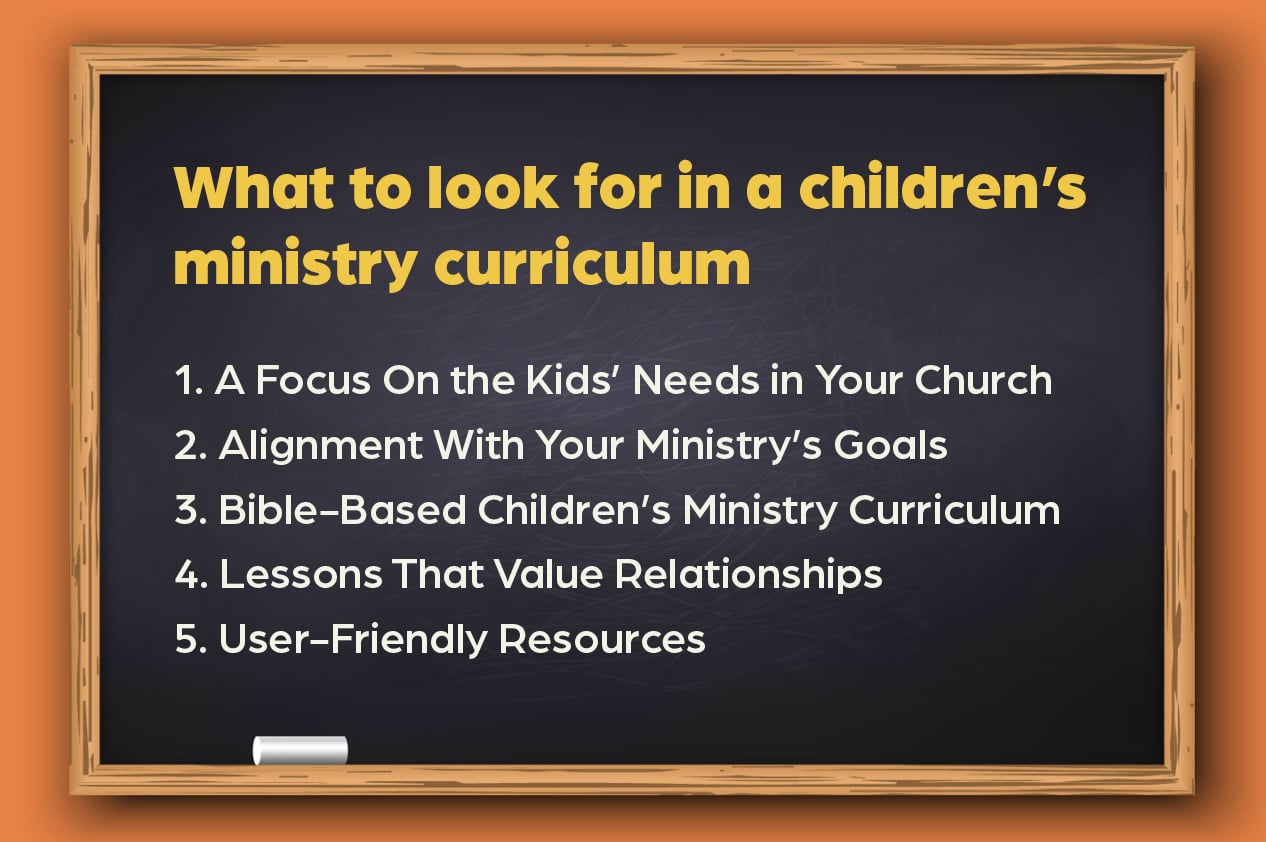 This image lists the five things churches should look for in a children’s ministry curriculum.